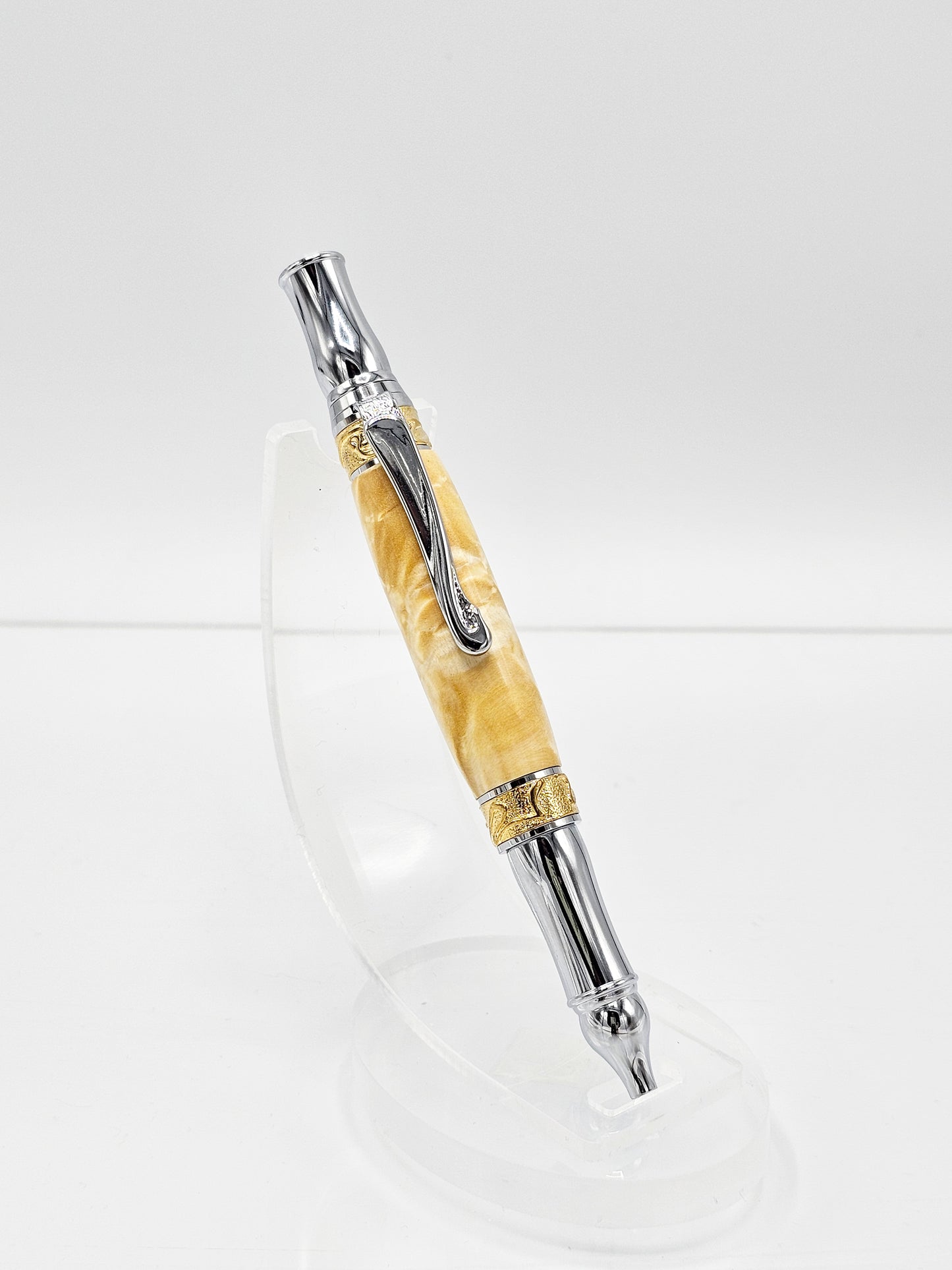 Art Nouveau Executive Natural Maple Burl Twist Ballpoint -  Gold Tn + Chrome