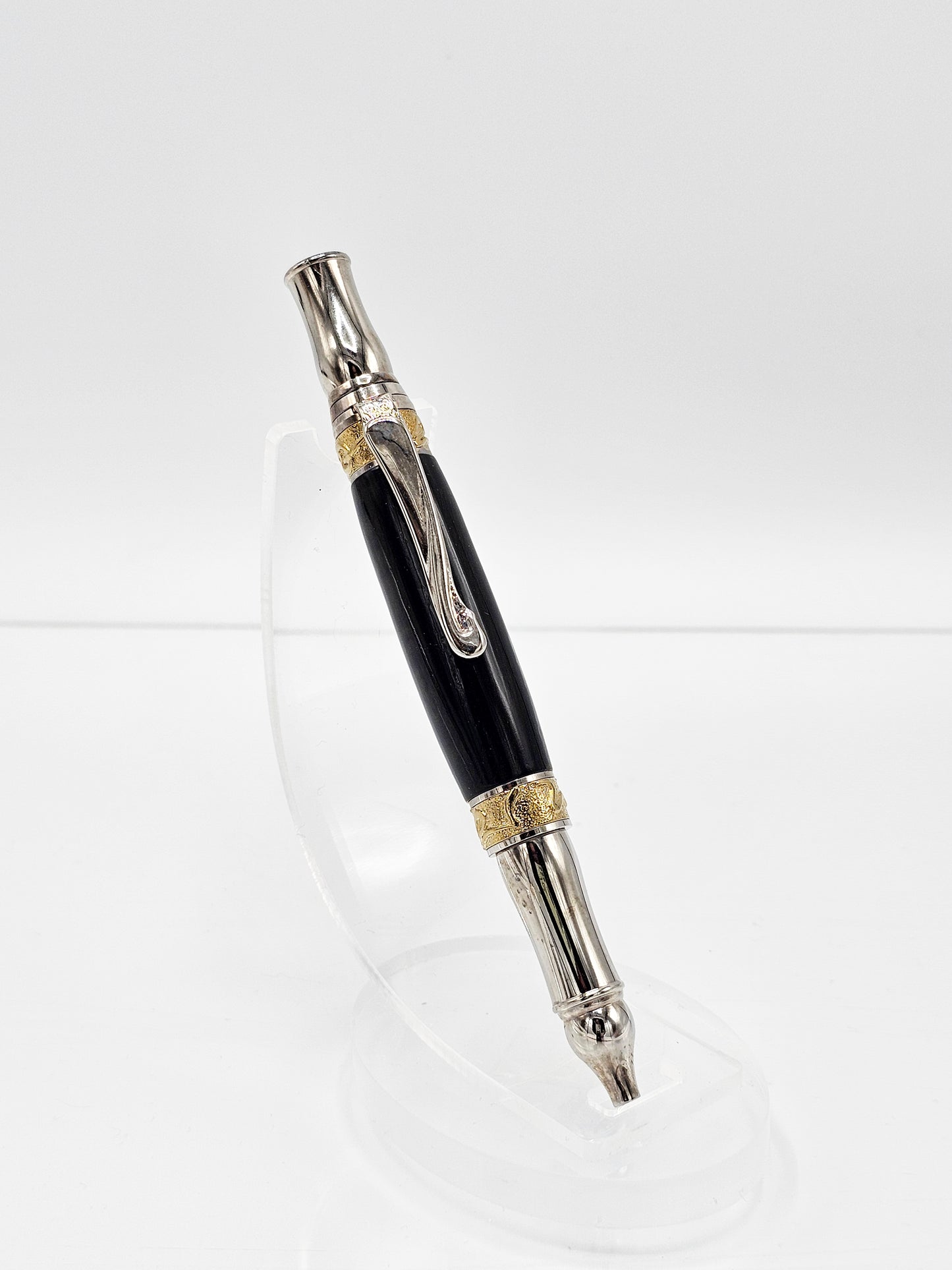 Art Nouveau Executive Ancient Bog Oak Wood Twist Ballpoint -  Rhodium + Gold Titanium