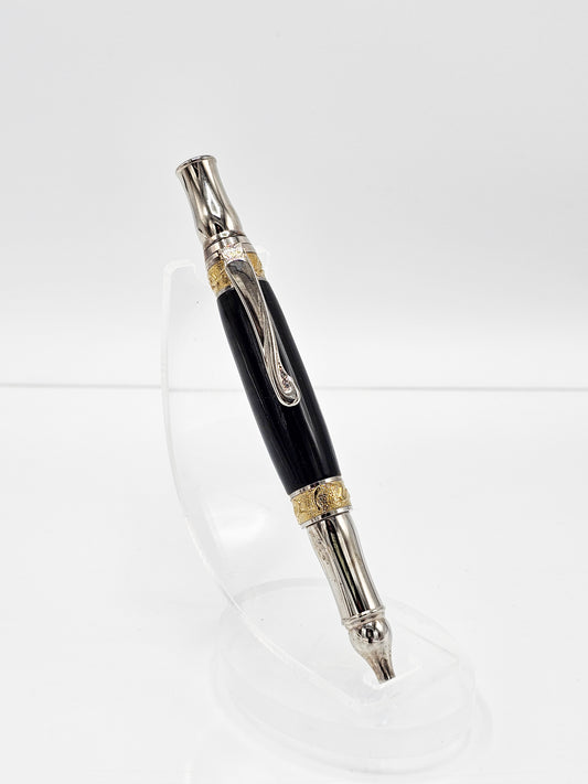 Art Nouveau Executive Ancient Bog Oak Wood Twist Ballpoint -  Rhodium + Gold Titanium