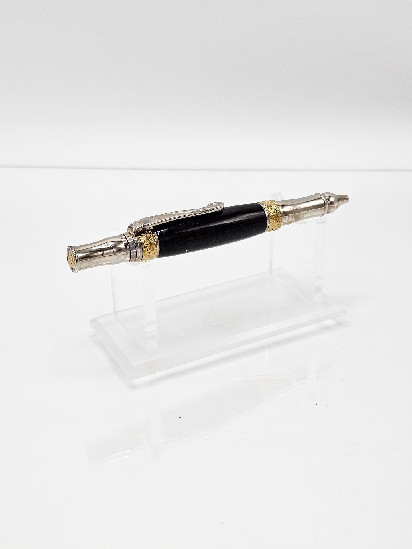 Art Nouveau Executive Ancient Bog Oak Wood Twist Ballpoint -  Rhodium + Gold Titanium