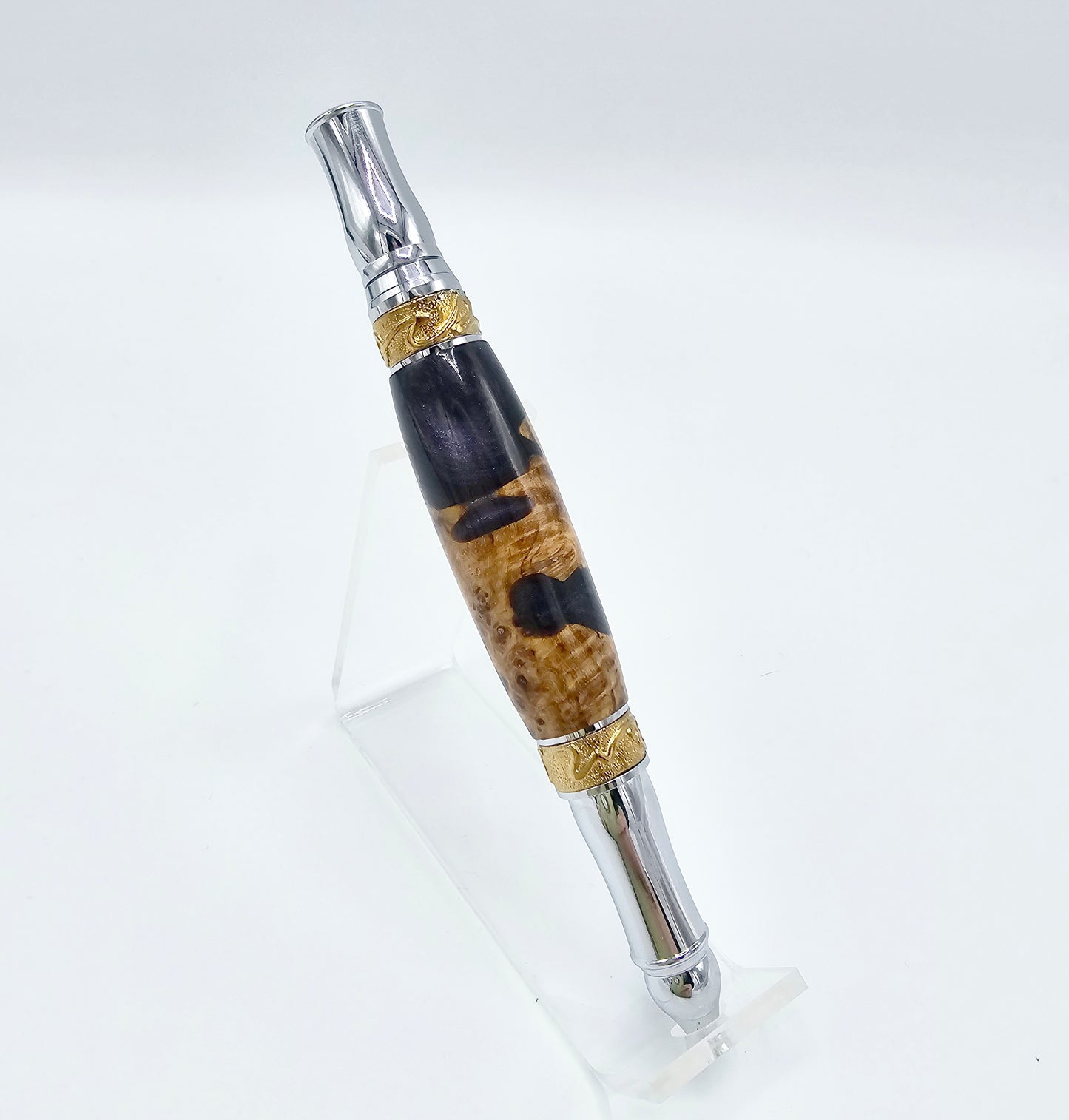 Art Nouveau Executive Hybrid Black Ash Burl Wood/Violet Twist Ballpoint -  Gold Tn + Chrome