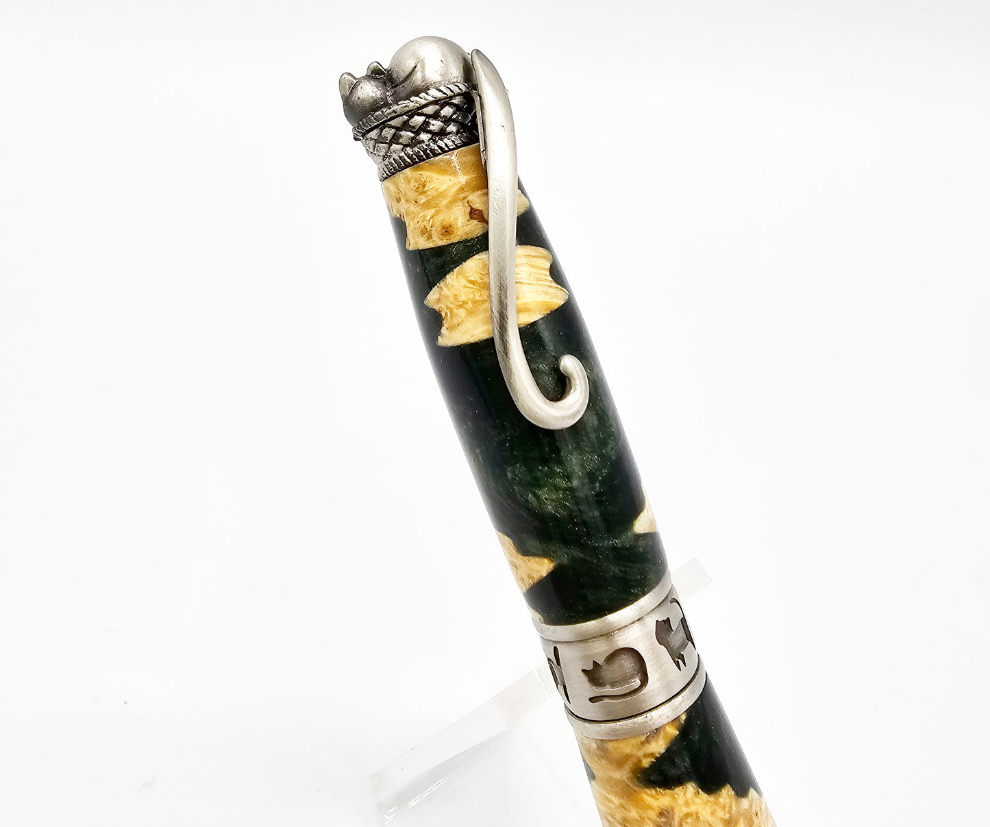 Cheshire Cat-Themed Hybrid Box Elder Burl Wood/Emerald Twist Ballpoint - Antique Pewter