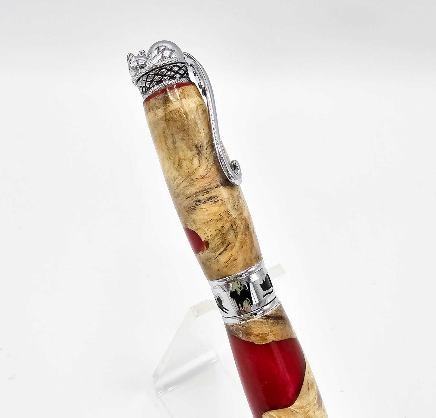 Cheshire Cat-Themed Hybrid Buckeye Burl Wood/Raspberry Twist Ballpoint - Chrome