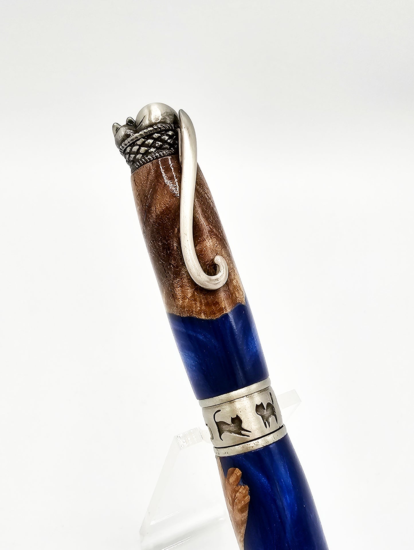 Cheshire Cat-Themed Hybrid Maple Burl Wood/Sapphire Twist Ballpoint - Antique Pewter