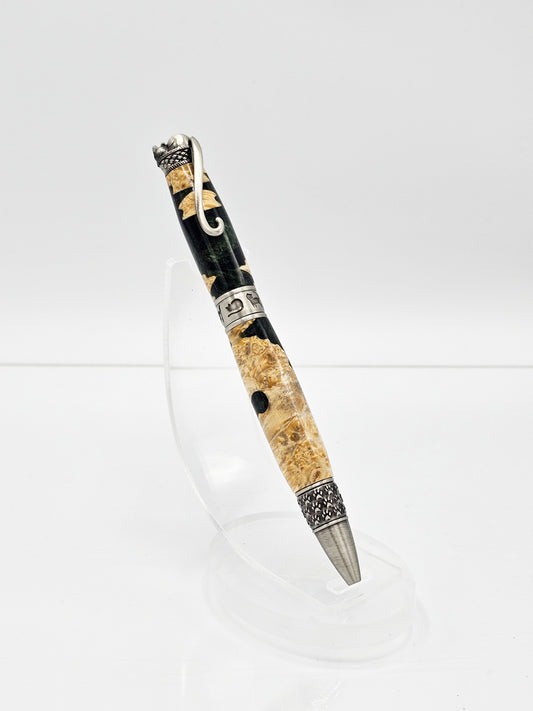 Cheshire Cat-Themed Hybrid Box Elder Burl Wood/Emerald Twist Ballpoint - Antique Pewter