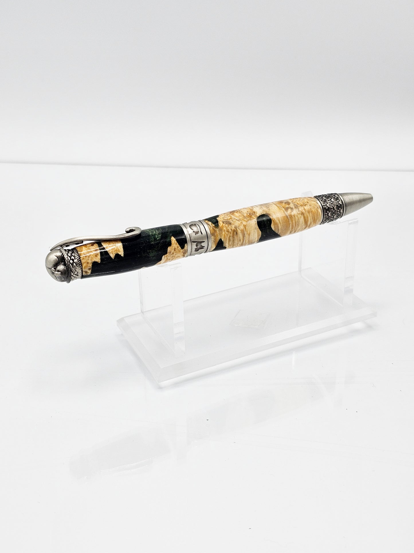 Cheshire Cat-Themed Hybrid Box Elder Burl Wood/Emerald Twist Ballpoint - Antique Pewter