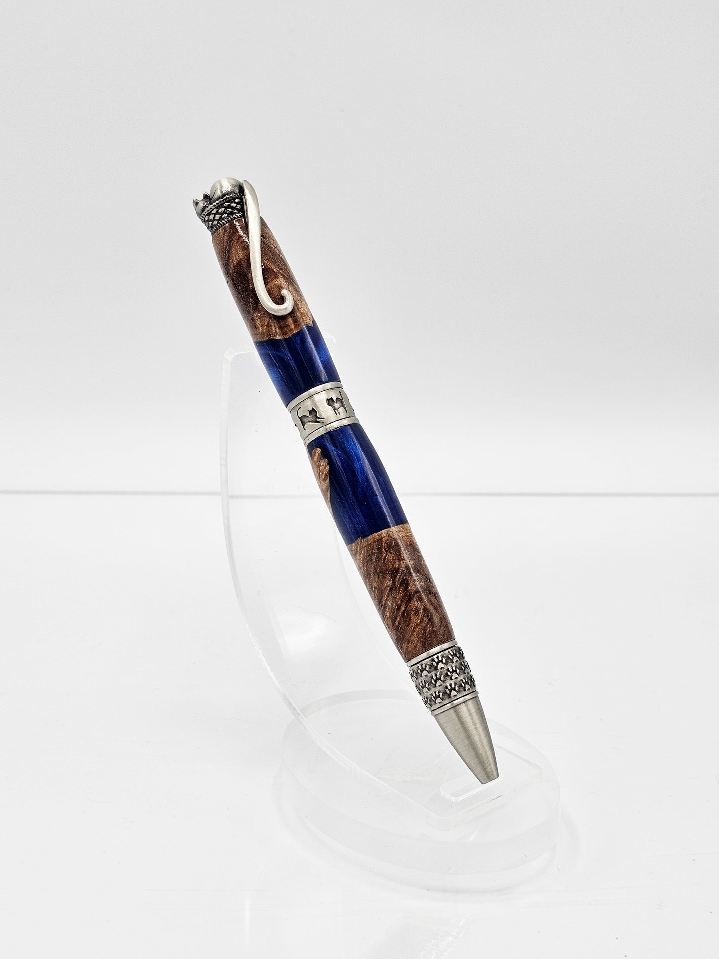 Cheshire Cat-Themed Hybrid Maple Burl Wood/Sapphire Twist Ballpoint - Antique Pewter