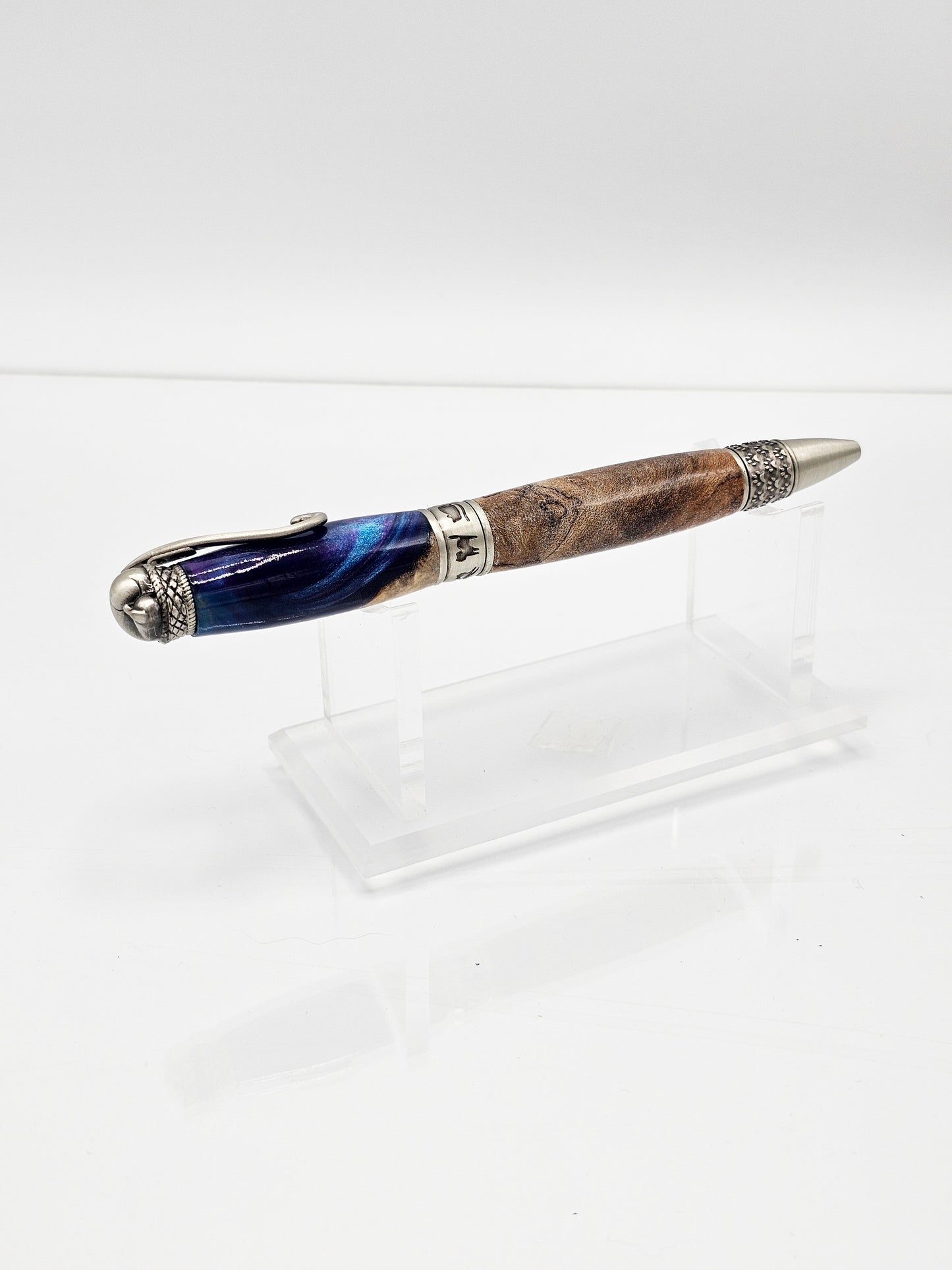 Cheshire Cat-Themed Hybrid Maple Burl Wood/Sapphire Twist Ballpoint - Antique Pewter