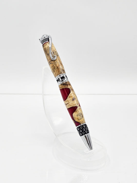 Cheshire Cat-Themed Hybrid Buckeye Burl Wood/Raspberry Twist Ballpoint - Chrome