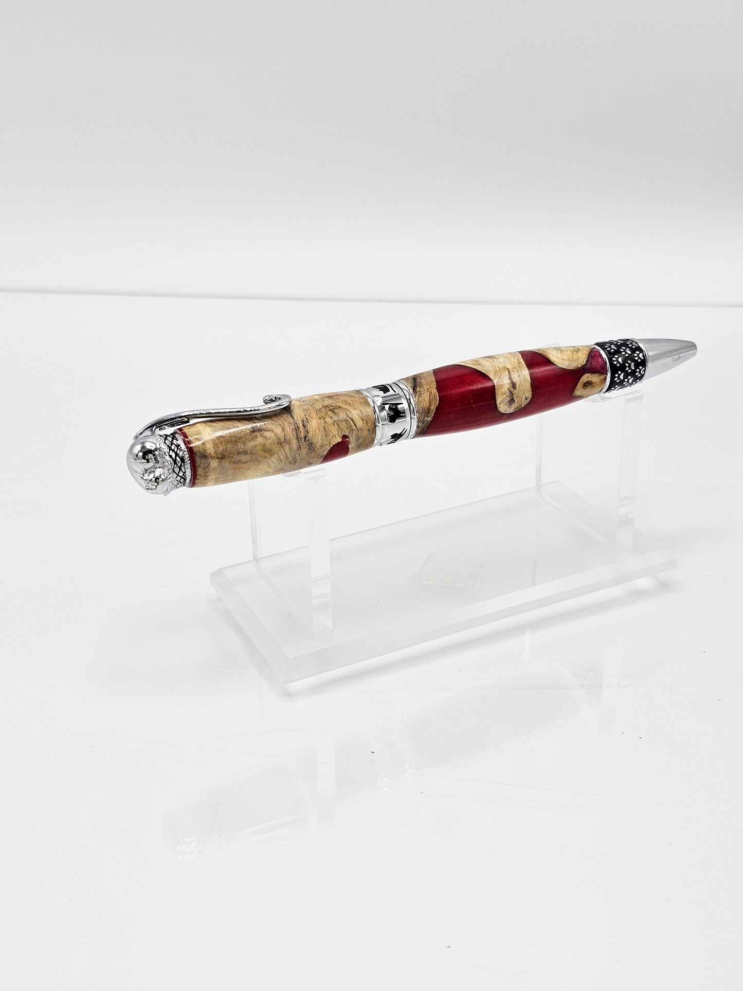 Cheshire Cat-Themed Hybrid Buckeye Burl Wood/Raspberry Twist Ballpoint - Chrome