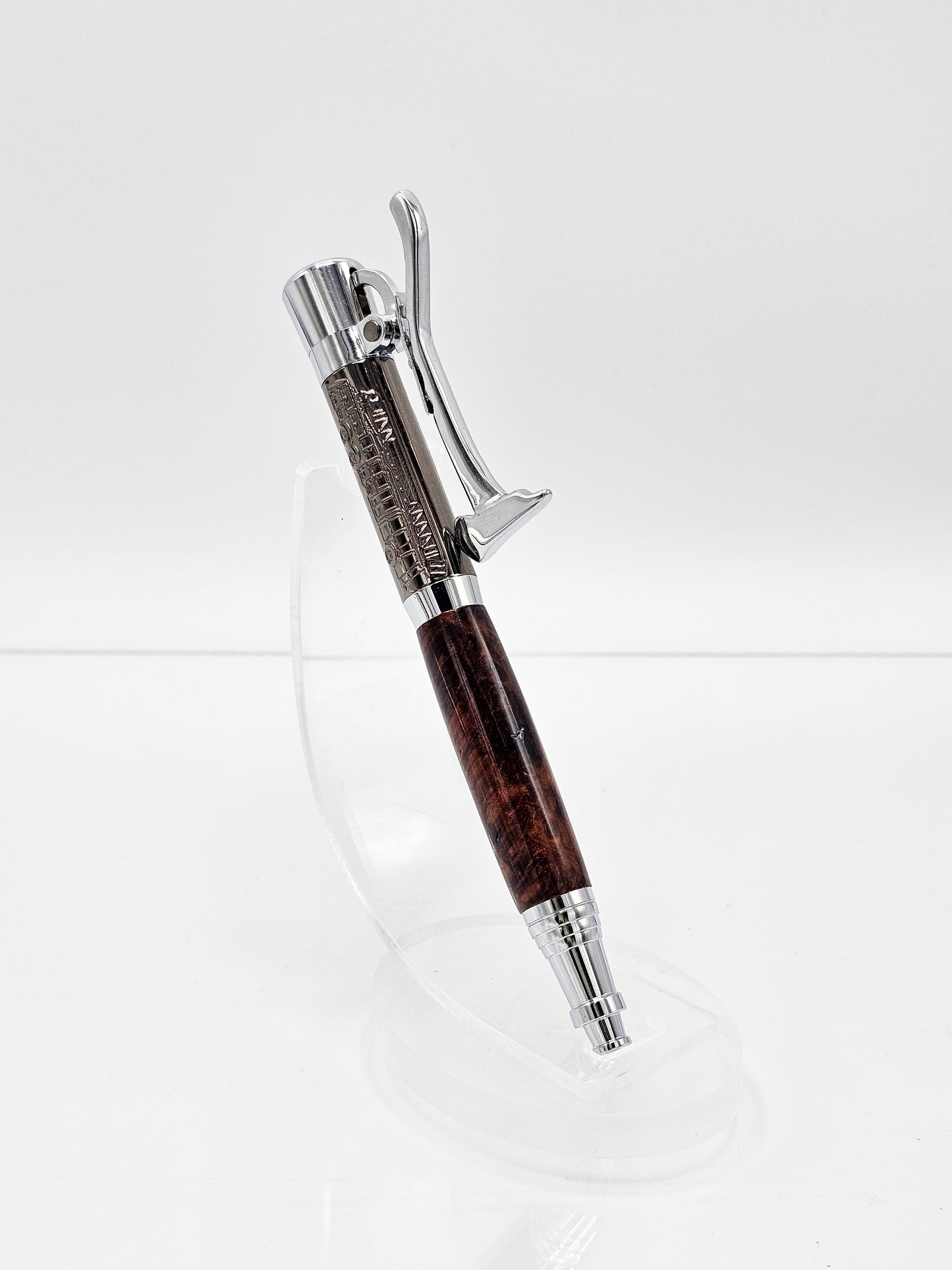 Firefighter's Axe Redwood Lace Burl Wood Ballpoint - Gun Metal and Chrome