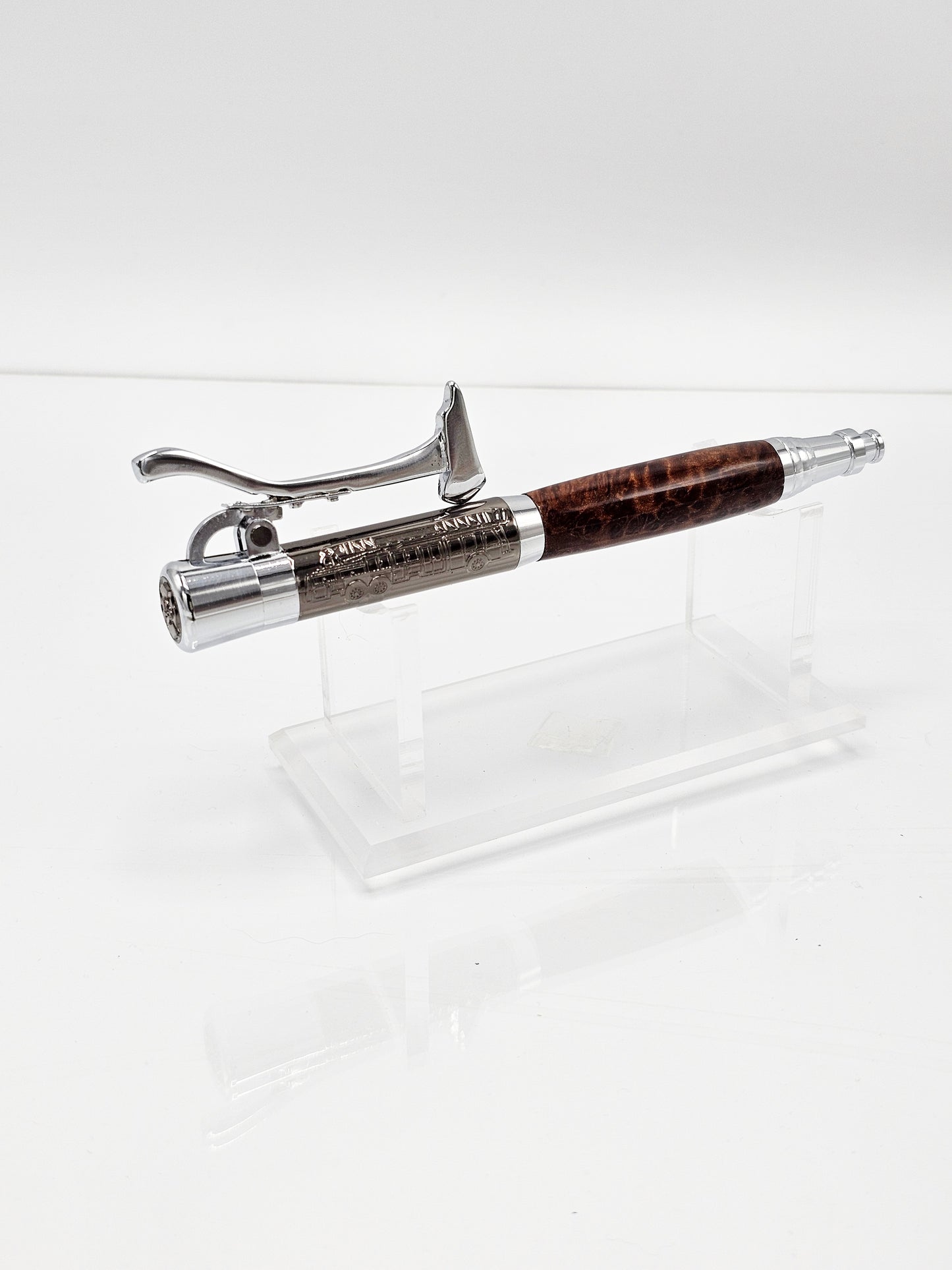 Firefighter's Axe Redwood Lace Burl Wood Ballpoint - Gun Metal and Chrome