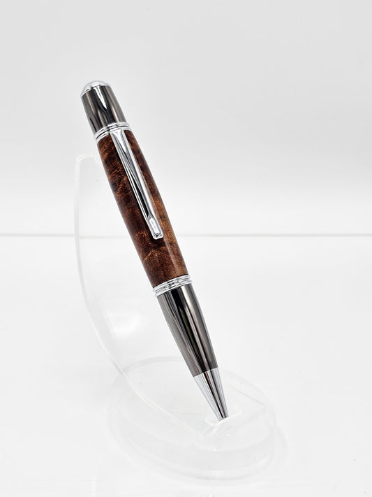 Grande Natural Box Elder Burl Wood Twist Ballpoint - Chrome and Gun Metal