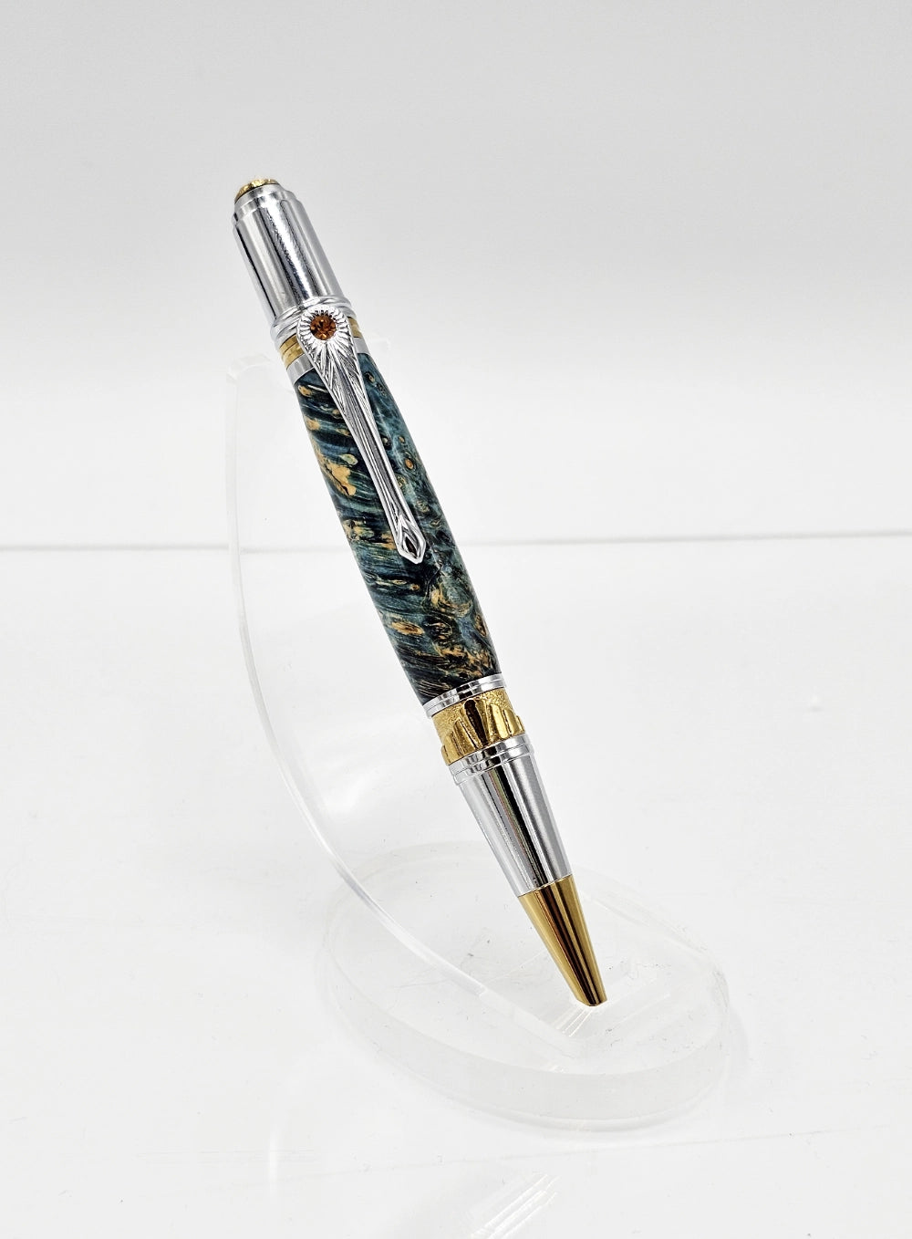 Icon L(PXC)=R Blue Box Elder Burl Wood Twist Ballpoint - Chrome + Gold Titanium