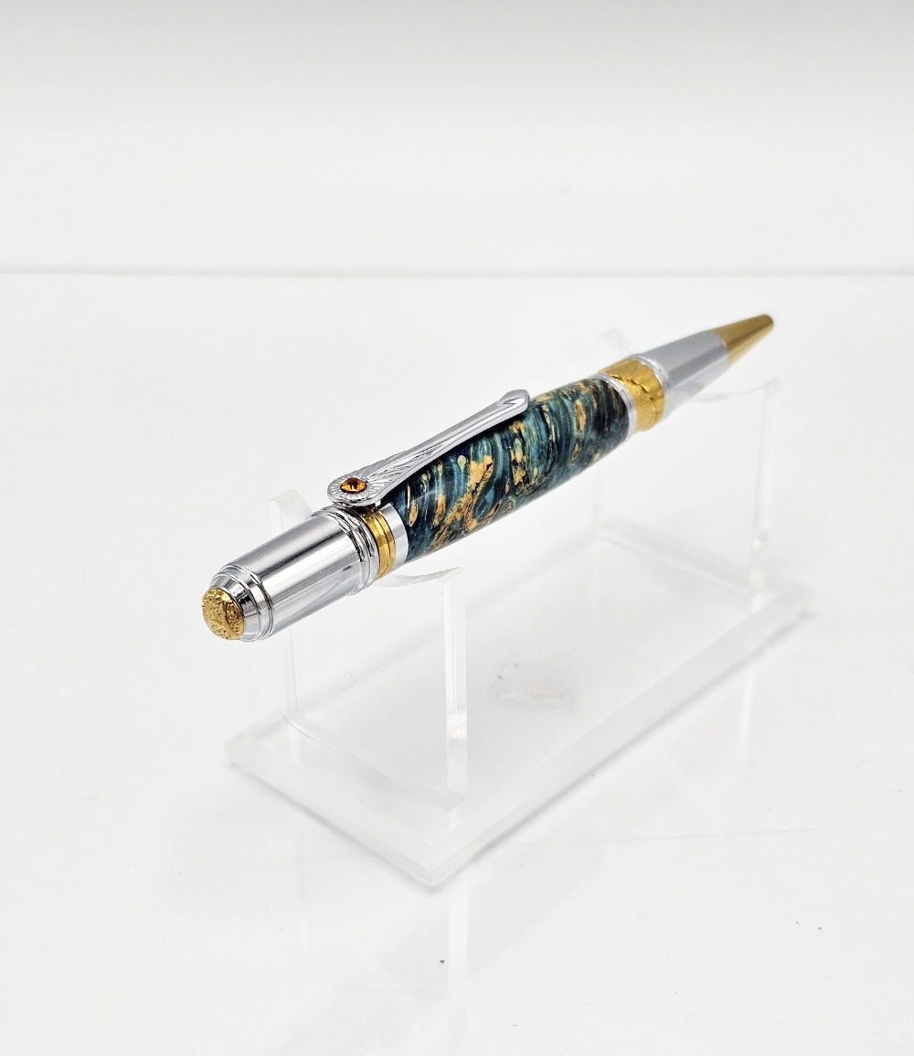 Icon L(PXC)=R Blue Box Elder Burl Wood Twist Ballpoint - Chrome + Gold Titanium