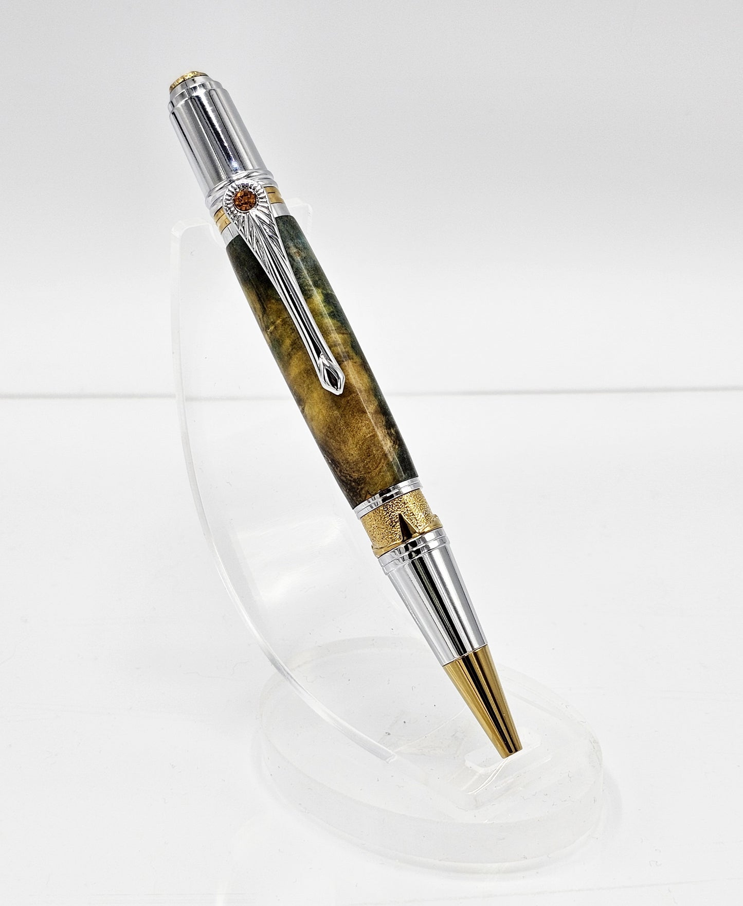 Icon Blue & Gold Buckeye Burl Wood Twist Ballpoint - Chrome + Gold Titanium