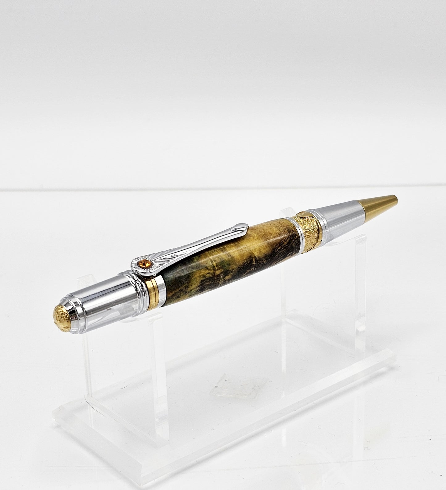 Icon Blue & Gold Buckeye Burl Wood Twist Ballpoint - Chrome + Gold Titanium