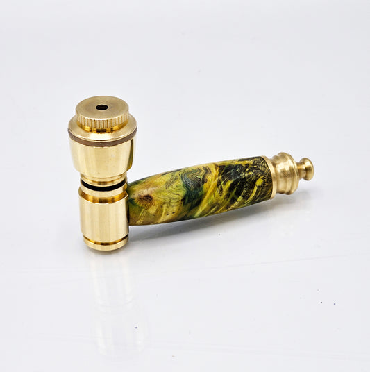 Little Bud Smoking Pipe – Yellow Brass with Blue and Gold Buckeye Burl