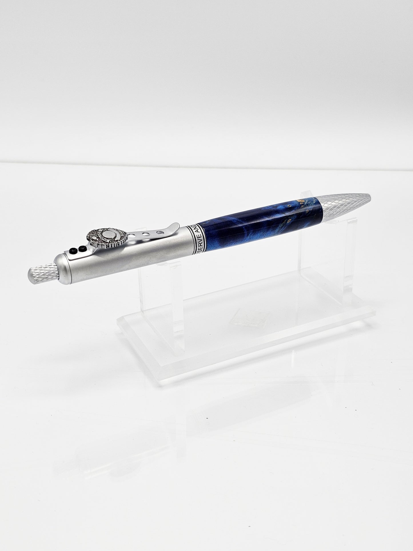 Police Blue Box Elder Burl Wood Click Ballpoint - Satin Chrome