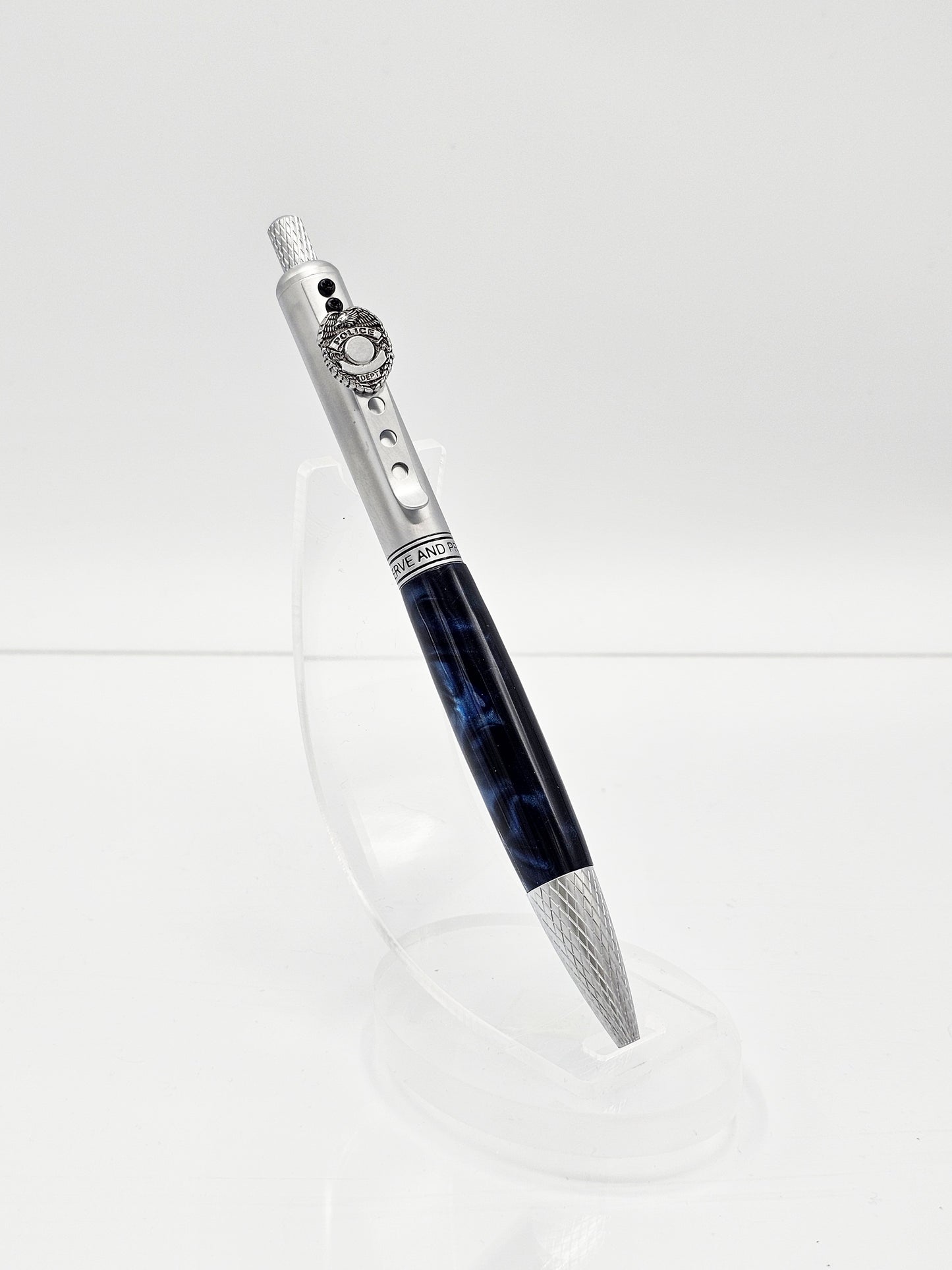 Police Blue Wave Click Ballpoint - Satin Chrome