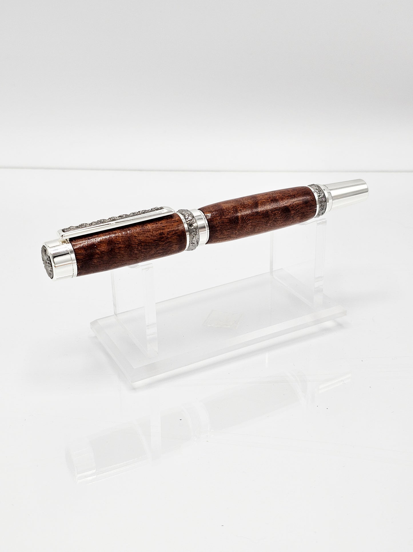 Prestige Executive Amboyna Burl Wood Rollerball Pen - Rhodium