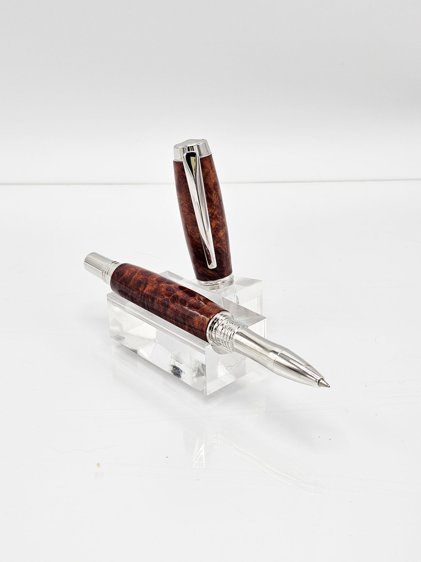 Prestige Executive Amboyna Burl Wood Rollerball Pen - Rhodium