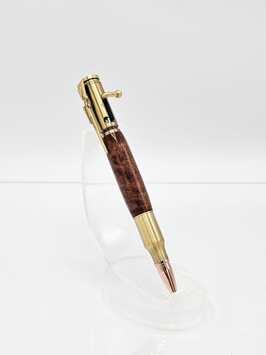 Reload 30 Caliber Sapele Mahogany Bolt Action Bullet Cartridge Ballpoint  - Antique Brass