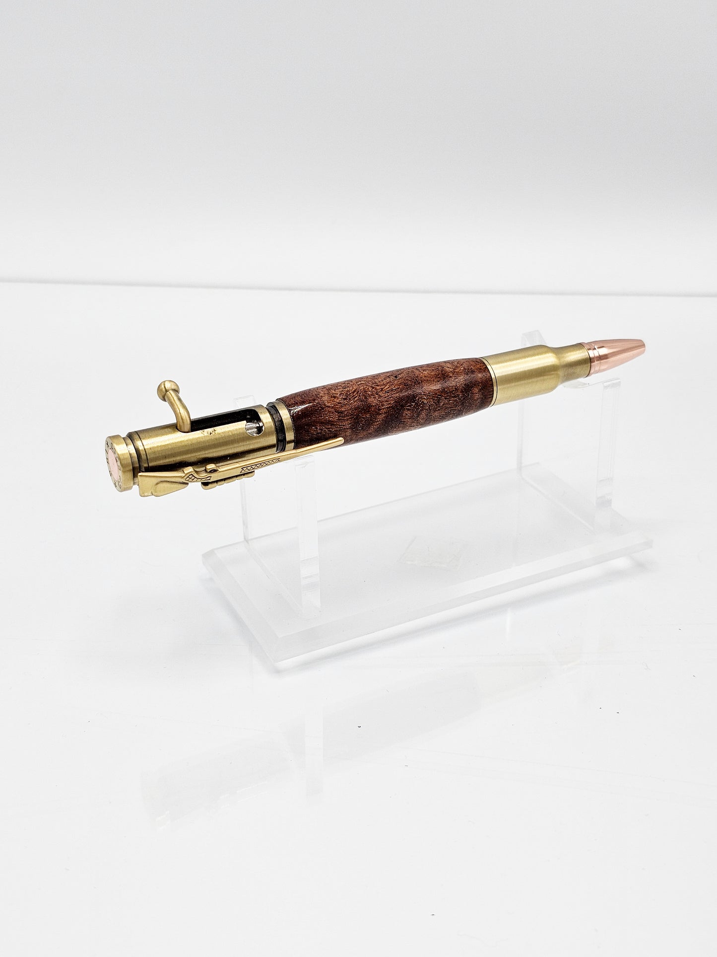 Reload 30 Caliber Sapele Mahogany Bolt Action Bullet Cartridge Ballpoint  - Antique Brass