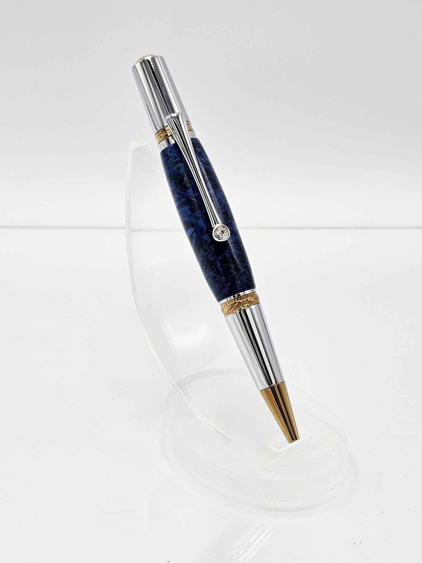 Signature Royale Blue Box Elder Burl Twist Ballpoint - Chrome and Gold Titanium