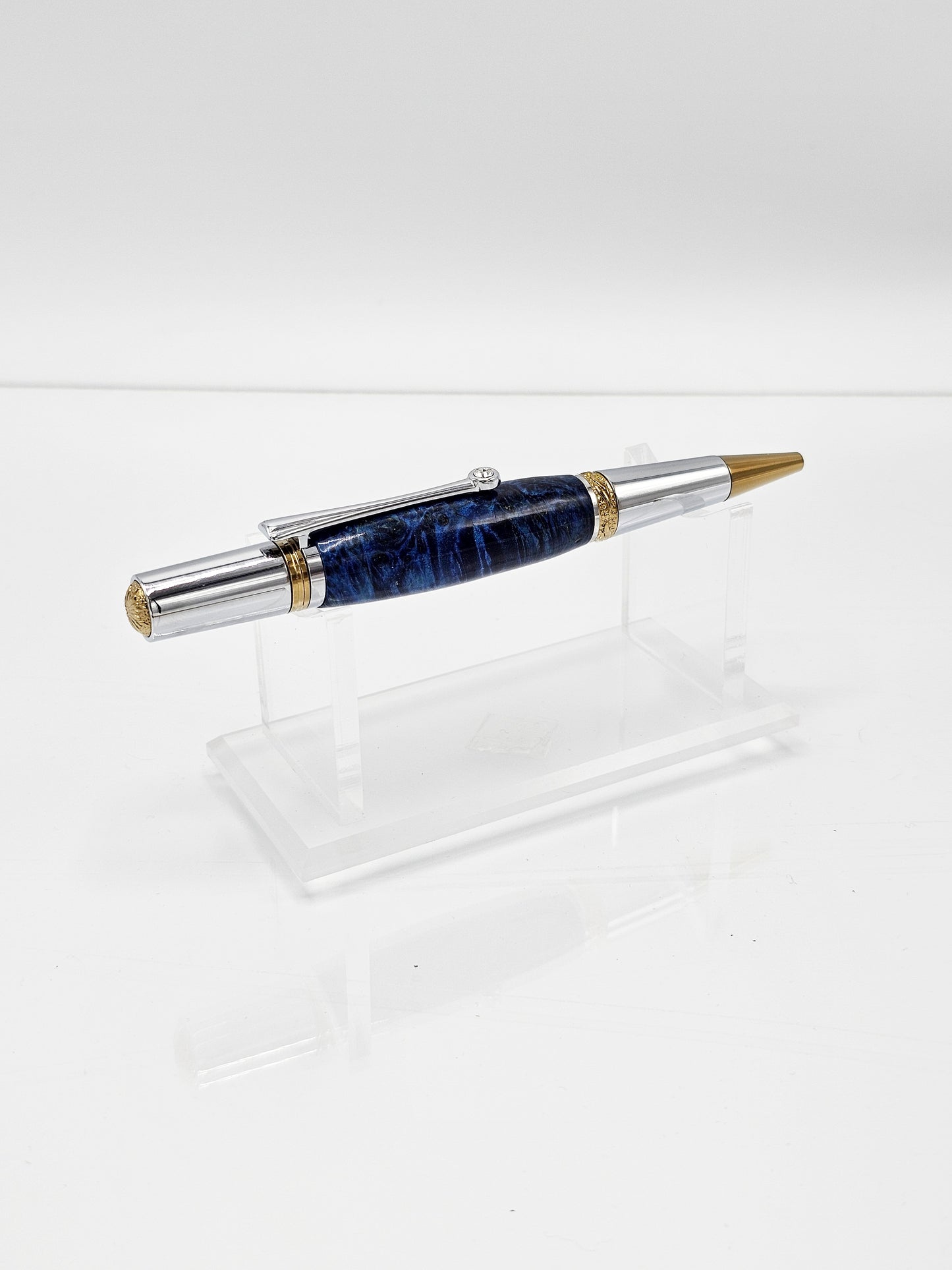 Signature Royale Blue Box Elder Burl Twist Ballpoint - Chrome and Gold Titanium