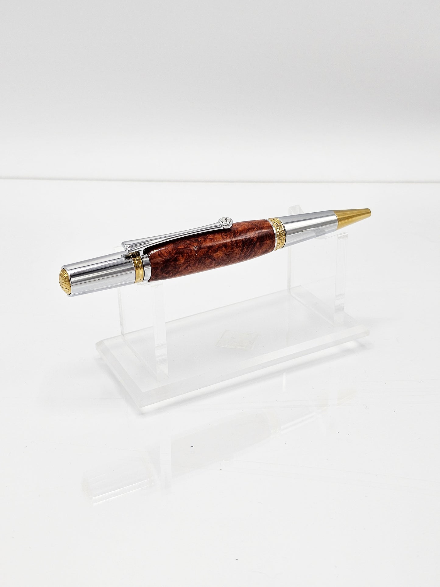 Signature Custom Exceptional Amboyna Burl Twist Ballpoint - Chrome + Gold Titanium