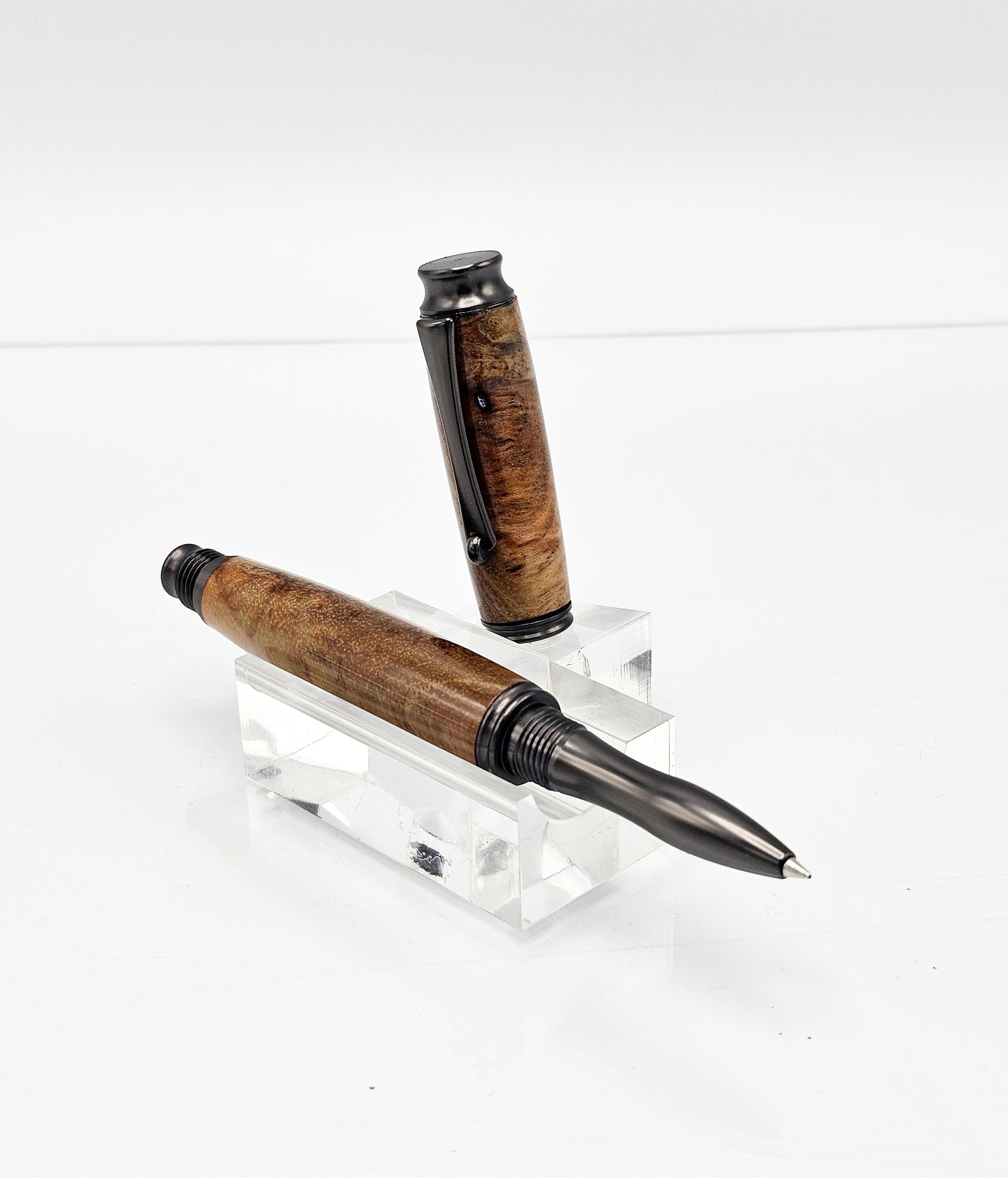 Viscount Teak Burl Wood Rollerball Pen - Black Mate Pearl