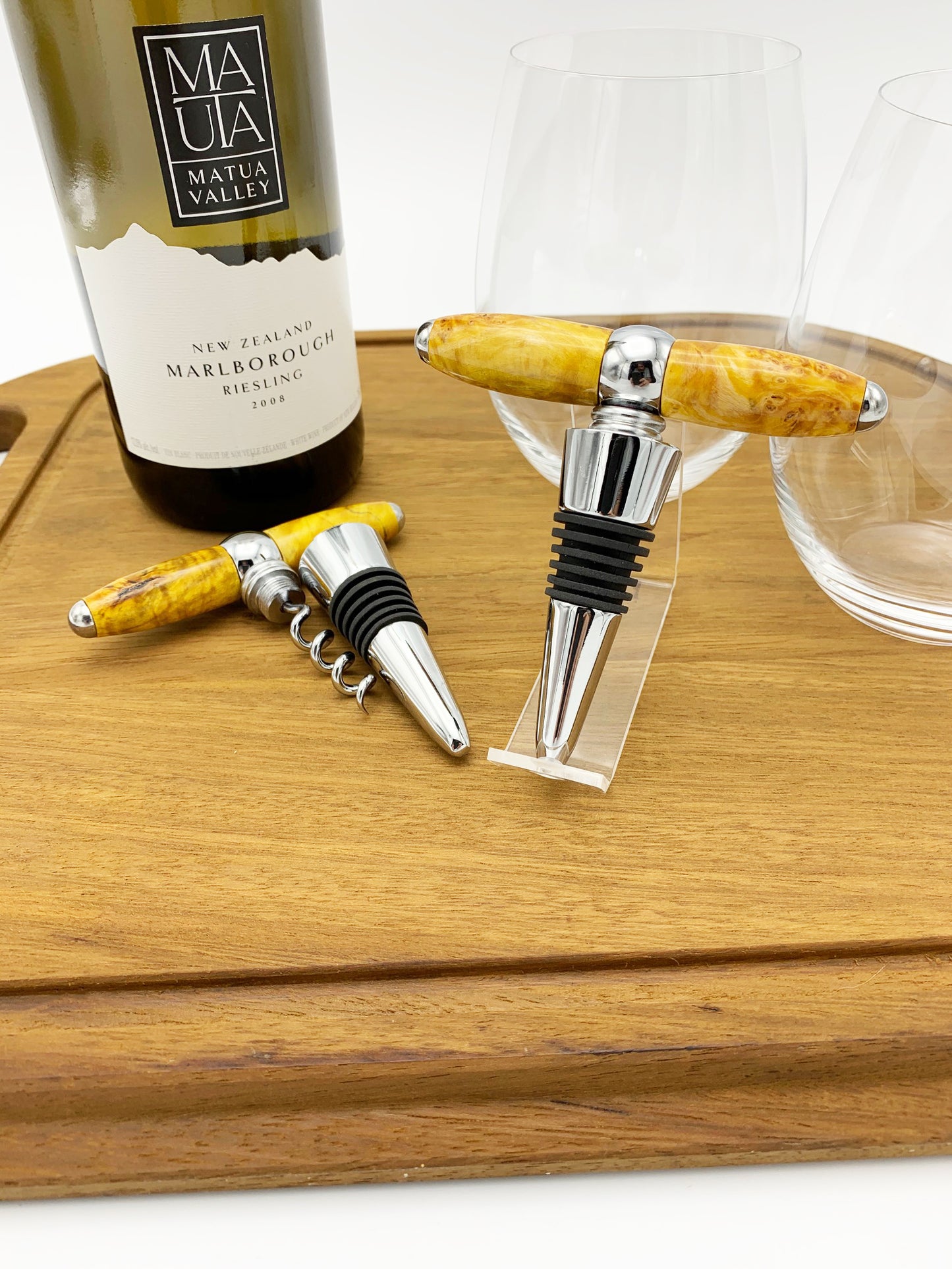 Sommelier Bottle Stopper/Corkscrew - Gold Box Elder Burl Wood